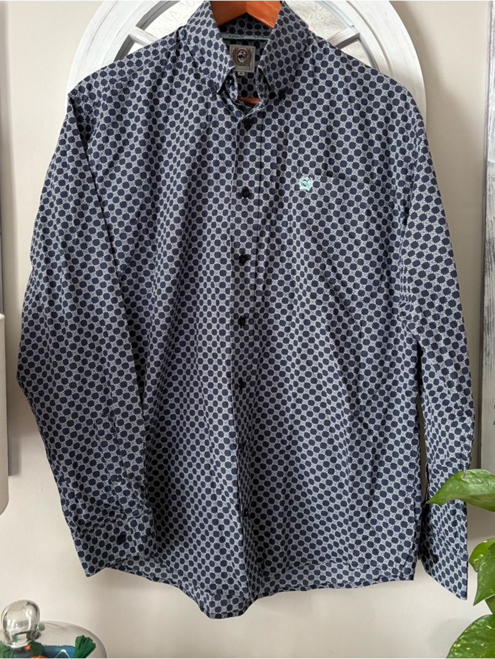 Cinch Men's Long Sleeve Geometric‎ Button Down Shirt Blue Western Cowboy Sz.SM
